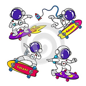 AstronautÃÂ cartoon set, animation , flat design, skate board, Vector photo